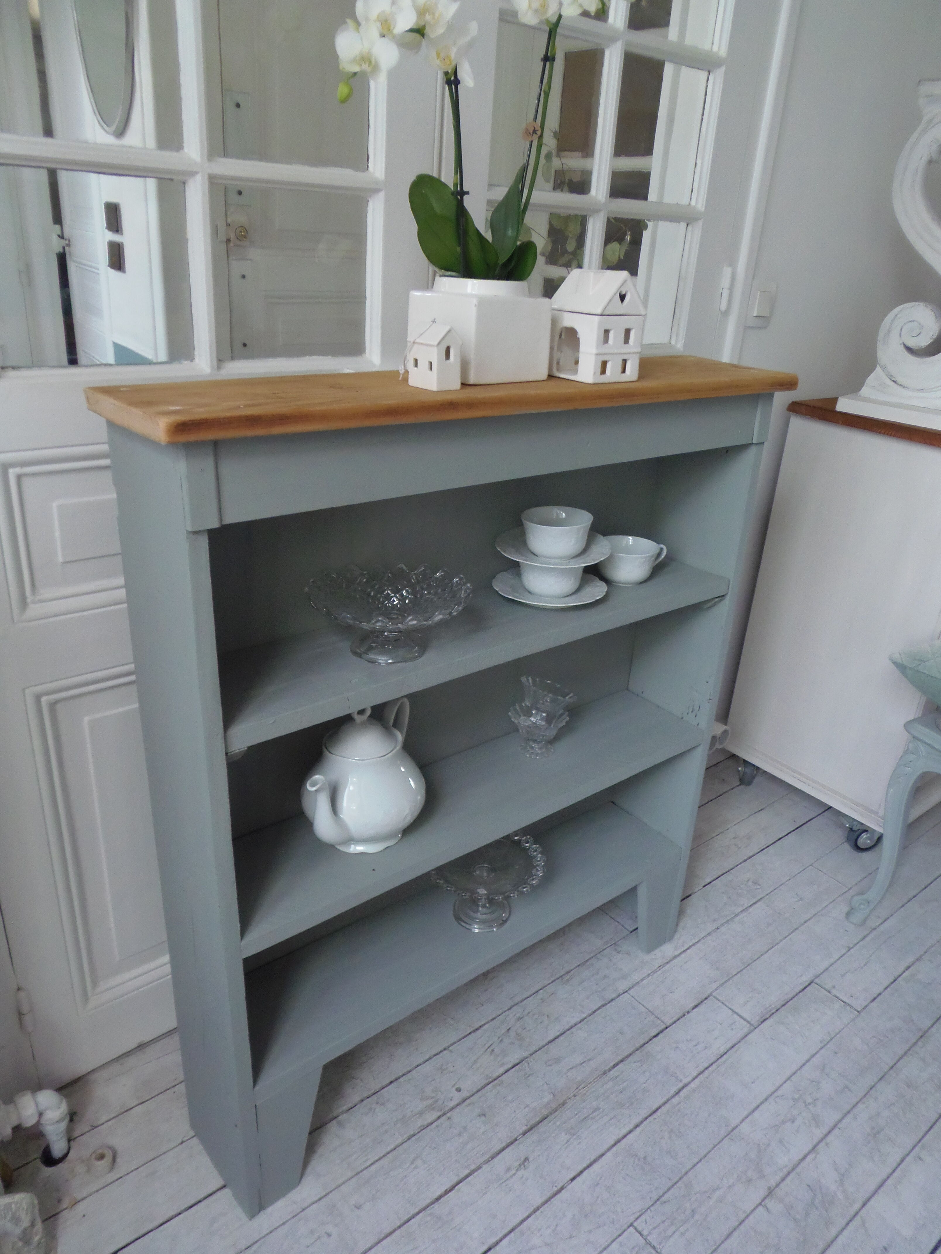 Vintage pearl grey green bookcase, 2 shelves, pitchpin top