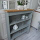 Vintage pearl grey green bookcase, 2 shelves, pitchpin top