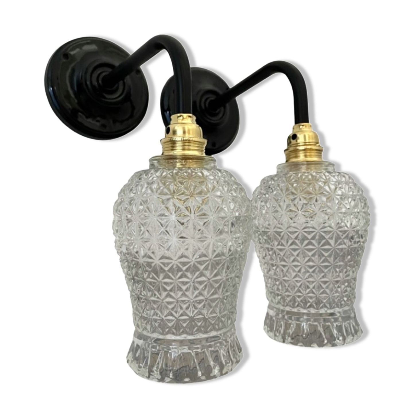 Pair of vintage electrified to nine-piece chiseled glass wall lamps
