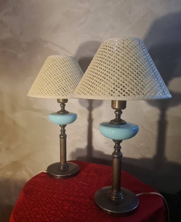paire de lampes de chevet acier patiné opaline bleu abat-jour osier 45x25 e
