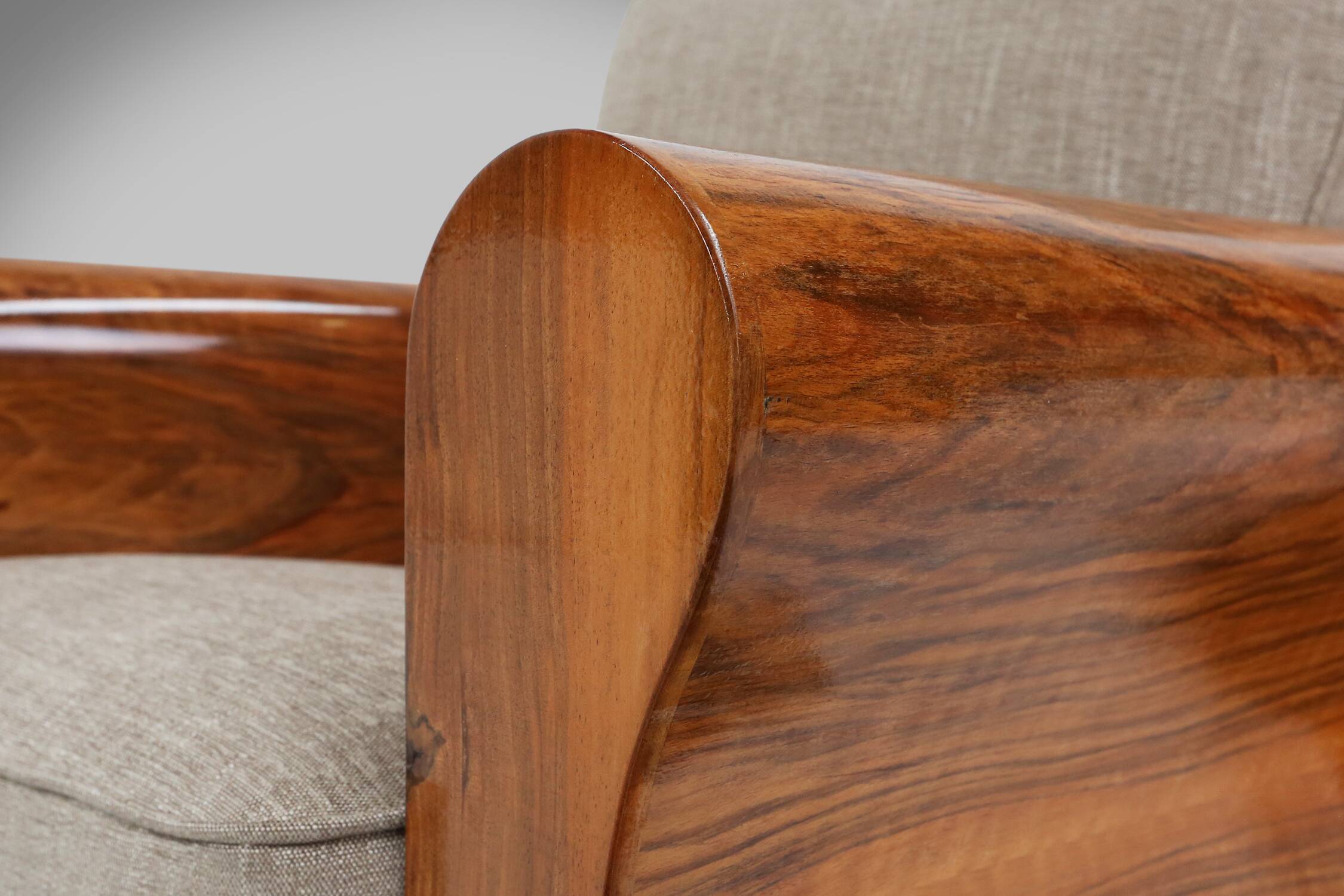 A set of 2 beautiful made Art Deco armchairs with grey upholstery, France, 1930