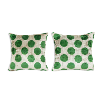 Decorative Pillows Covers, Set of Two Soft Velvet Silk Pillow, Pair Green İkat Velvet Pillow Cover