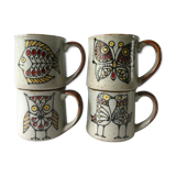 Set of 4  sandstone mugs, bird decor, butterfly, flowers, fish 70 years