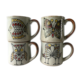 Set of 4  sandstone mugs, bird decor, butterfly, flowers, fish 70 years