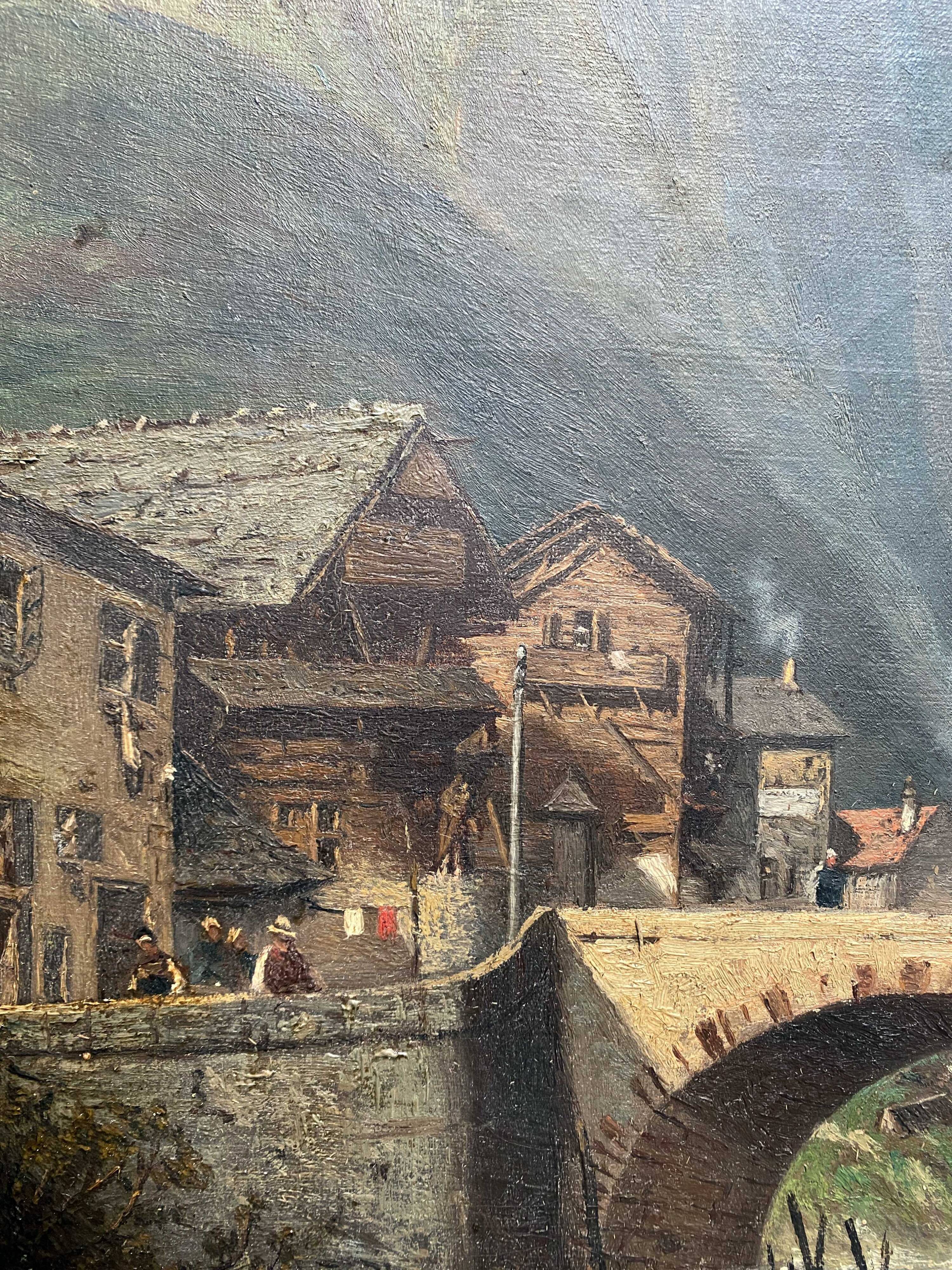 19th century HST painting "lively mountain village with torrent and waterfall"