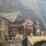 19th century HST painting "lively mountain village with torrent and waterfall"