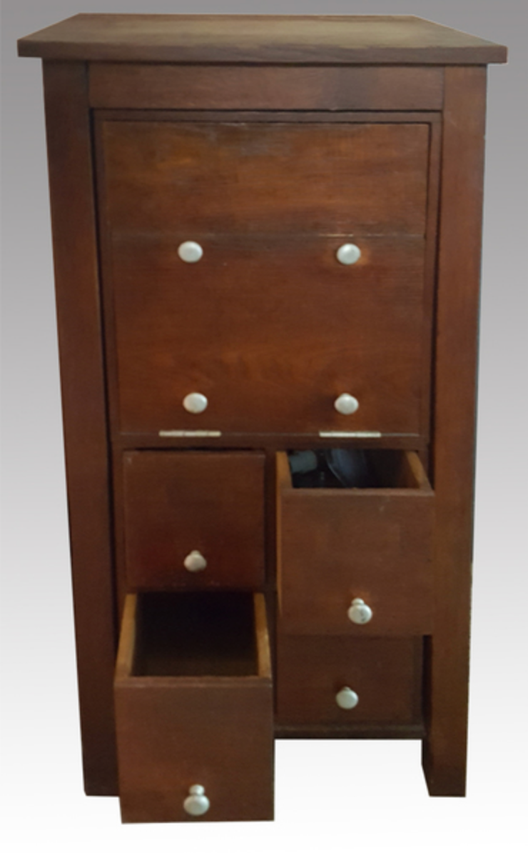 Wooden craft furniture, chest and drawer, vintage