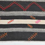 7x10 Black & Cream Large Vintage Kilim Rug, 204x300Cm
