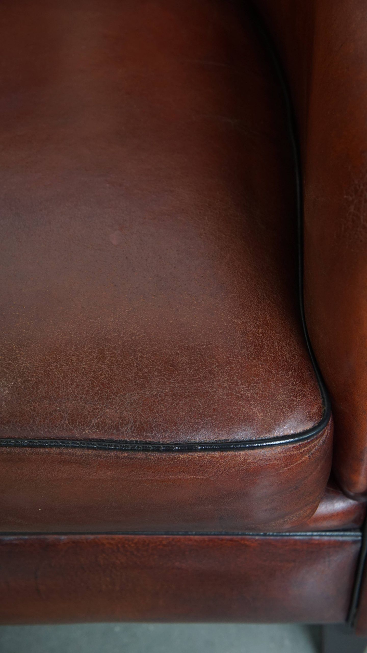Sheepskin club armchair in a warm deep colour finished with black piping