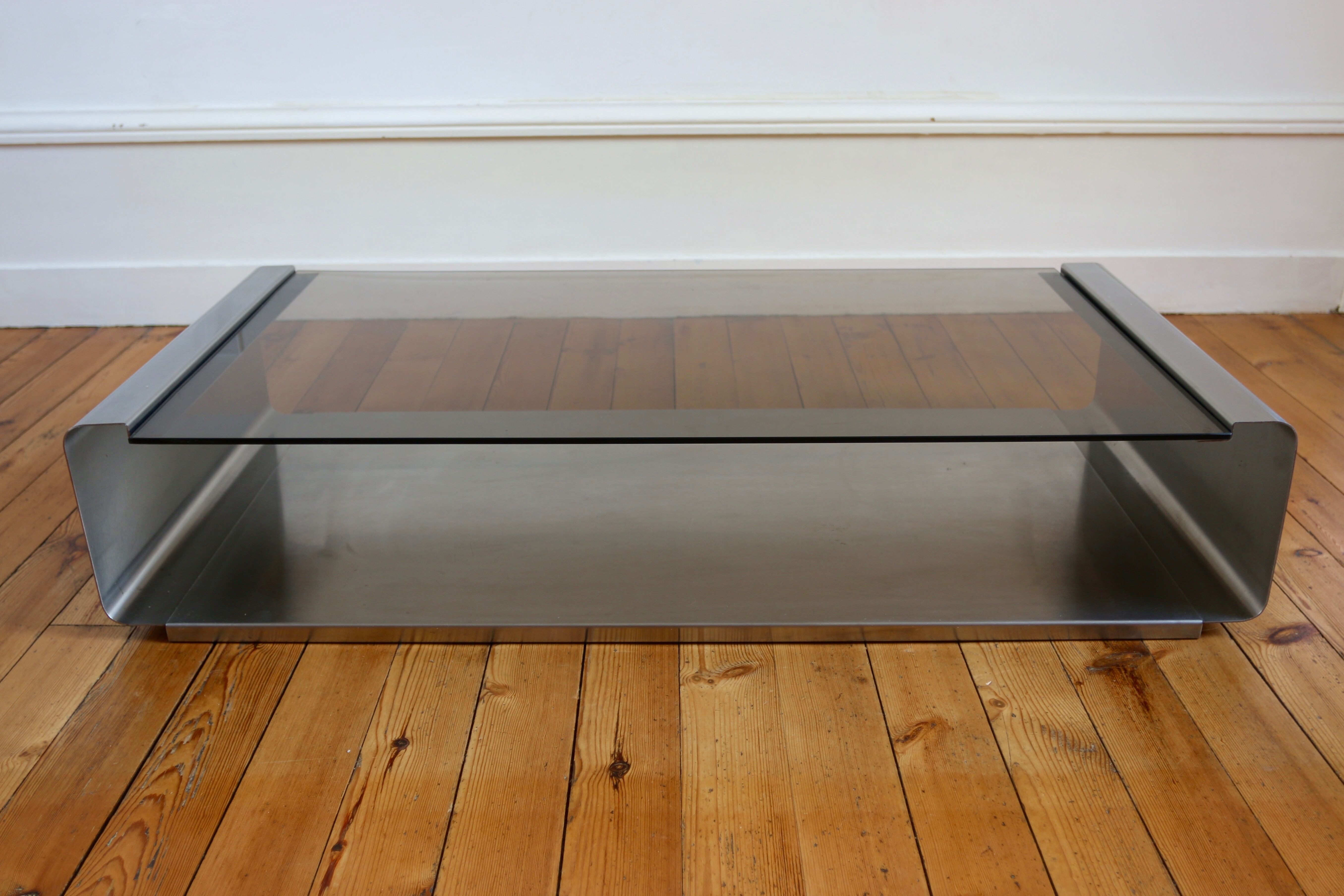 Table low vintage 1970s stainless and glass Jean-François Monnet