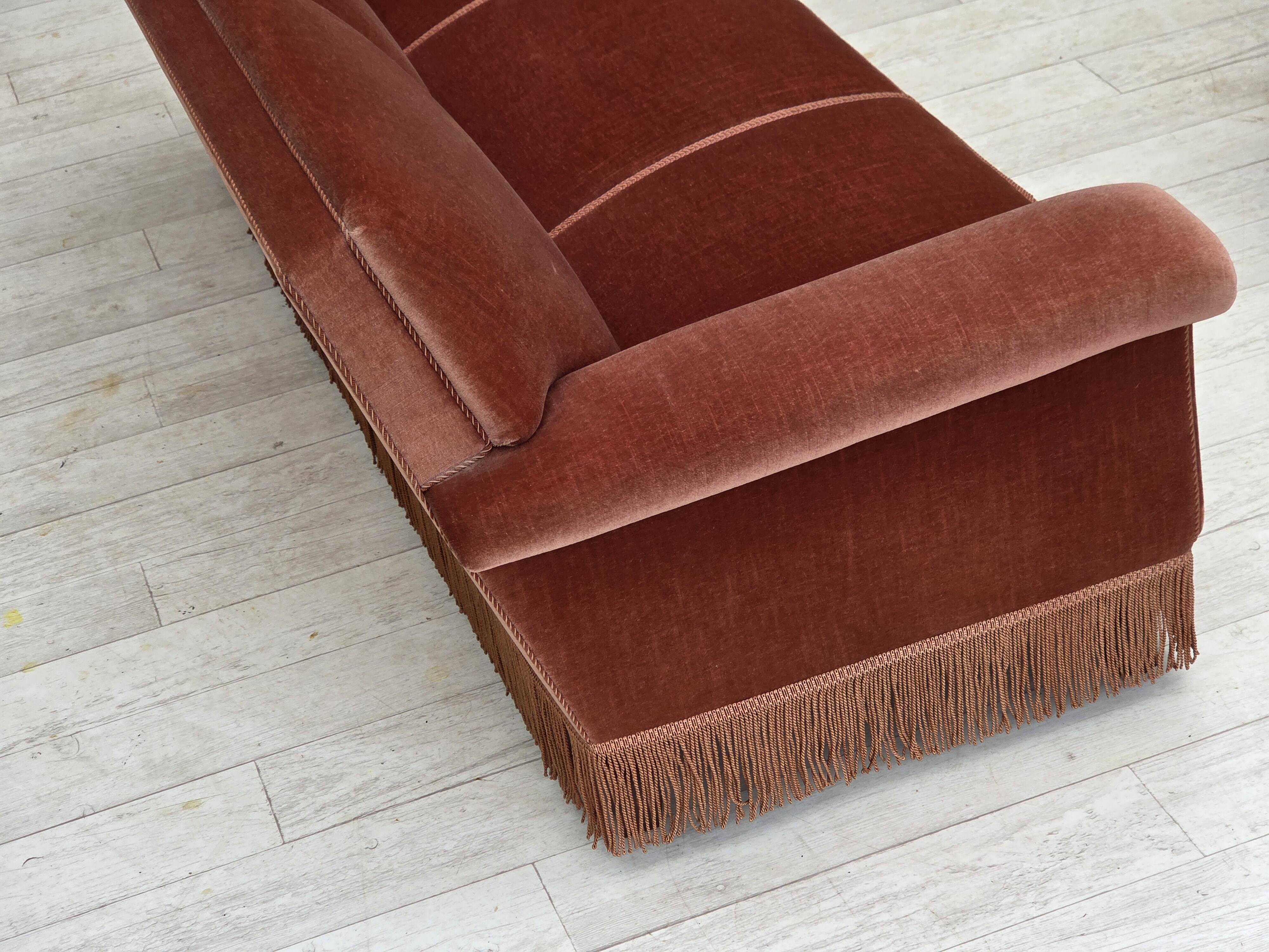 1970s, Danish 3-seater sofa, salmon pink furniture velour, beech wood.