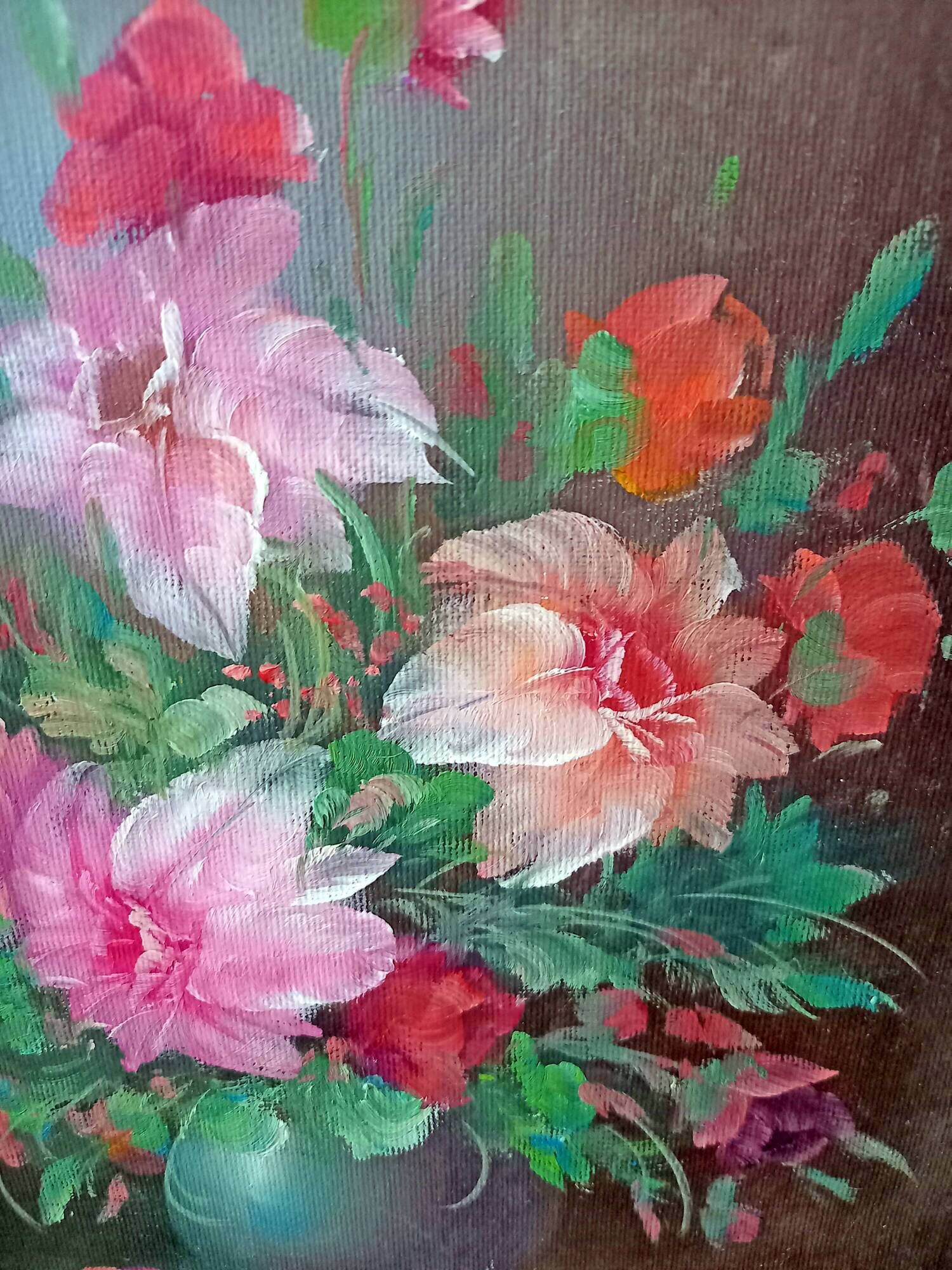 Small Painting Oil on Canvas Framed Still Life Flowers J. Justin Collection Signed