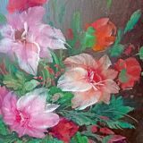Peinture huile sur toile encadrée nature morte fleurs par J.Justin collection signé
