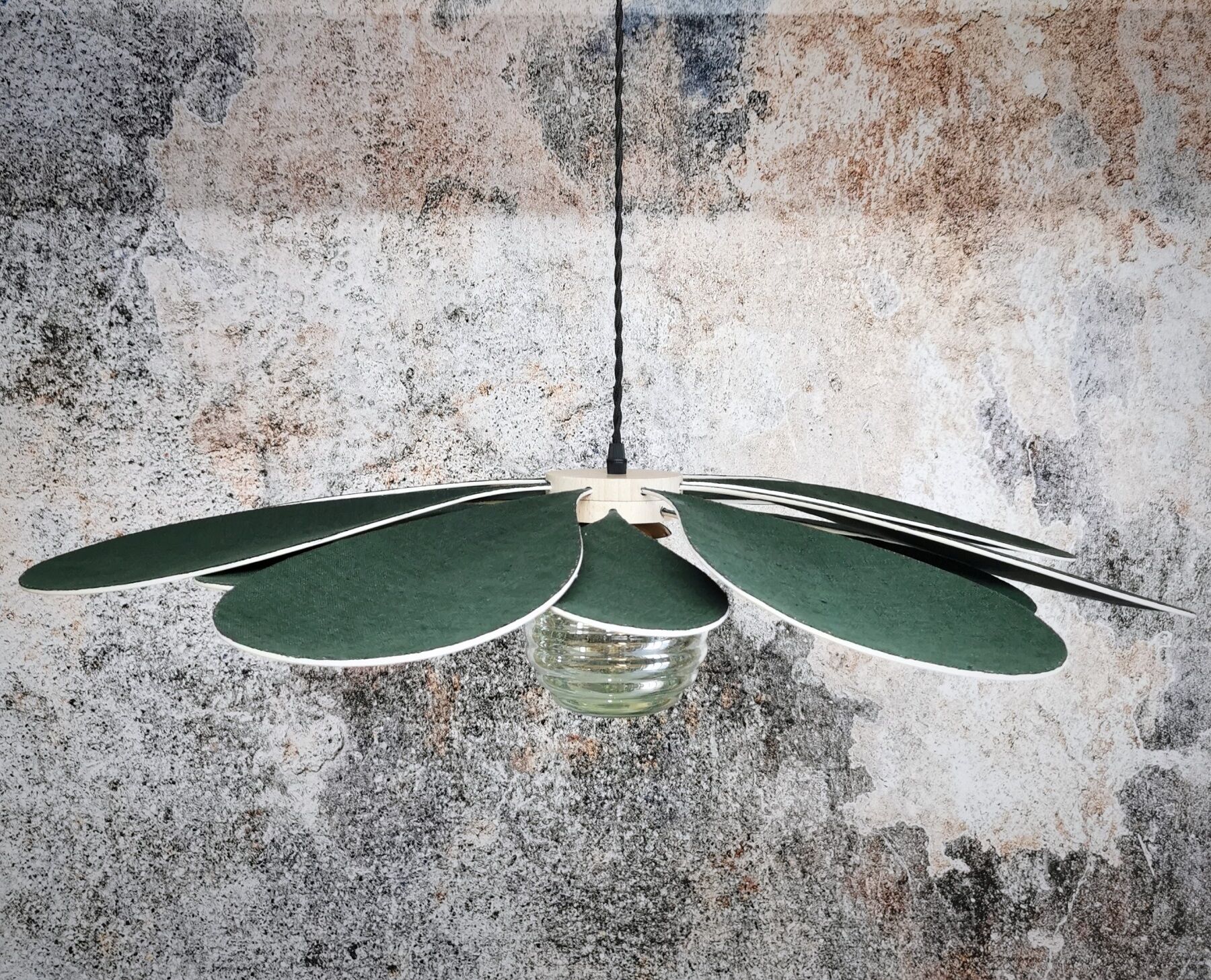 Suspension linen green fir, rattan and old vintage globe