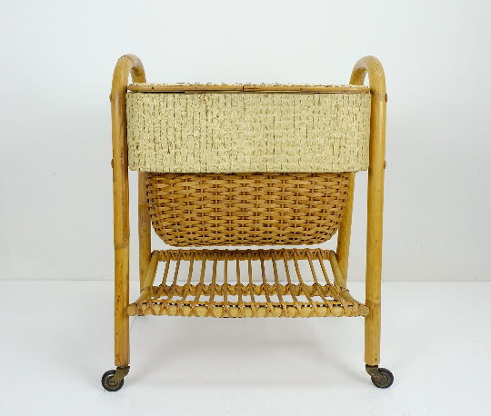 1950s mid century bamboo rattan wicker sewing box or knitting basket