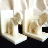 Pair of alabaster elephant bookends, library accessories