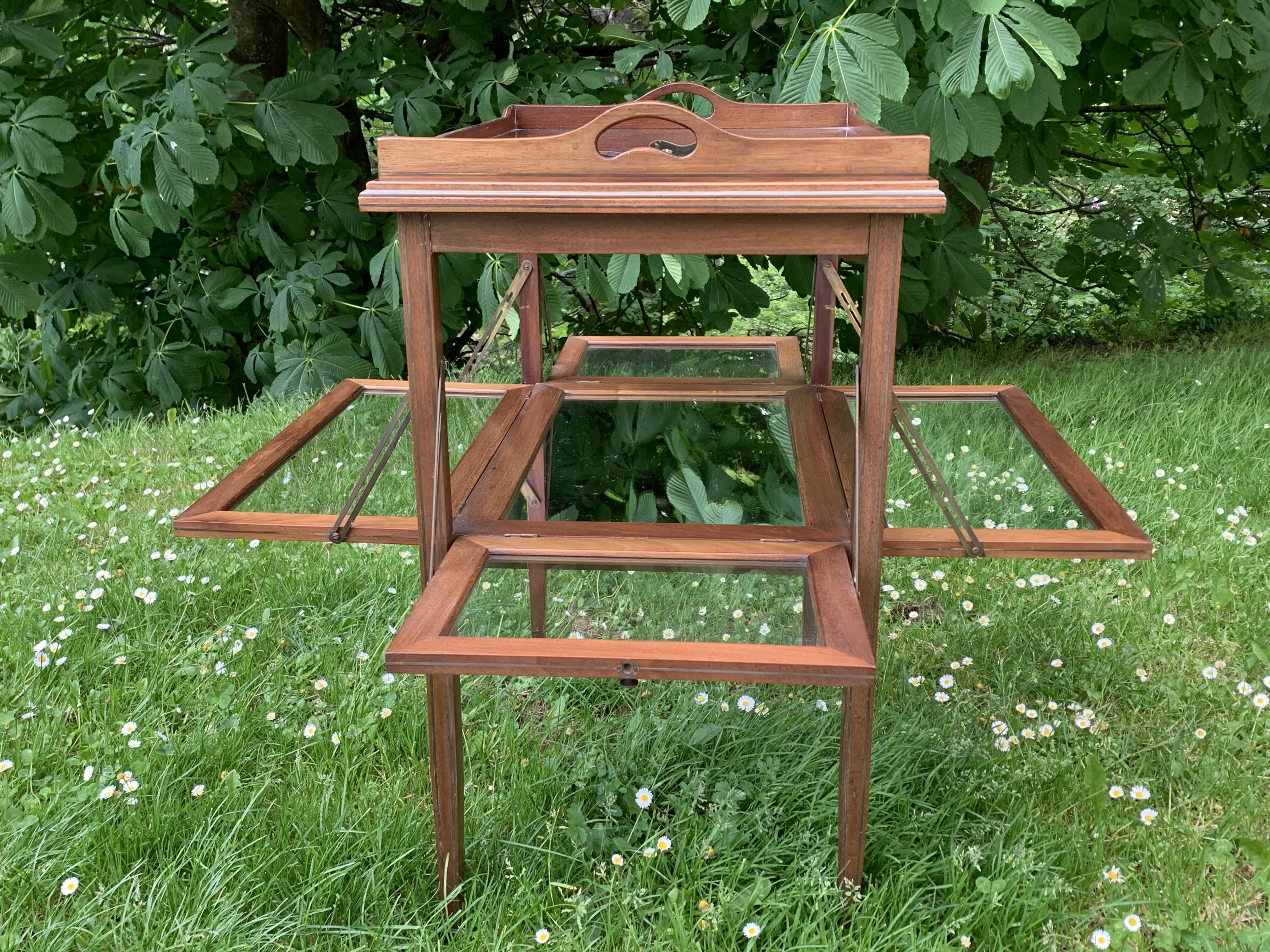 Glass-enclosed old tea table with wooden tray, bronze and brass