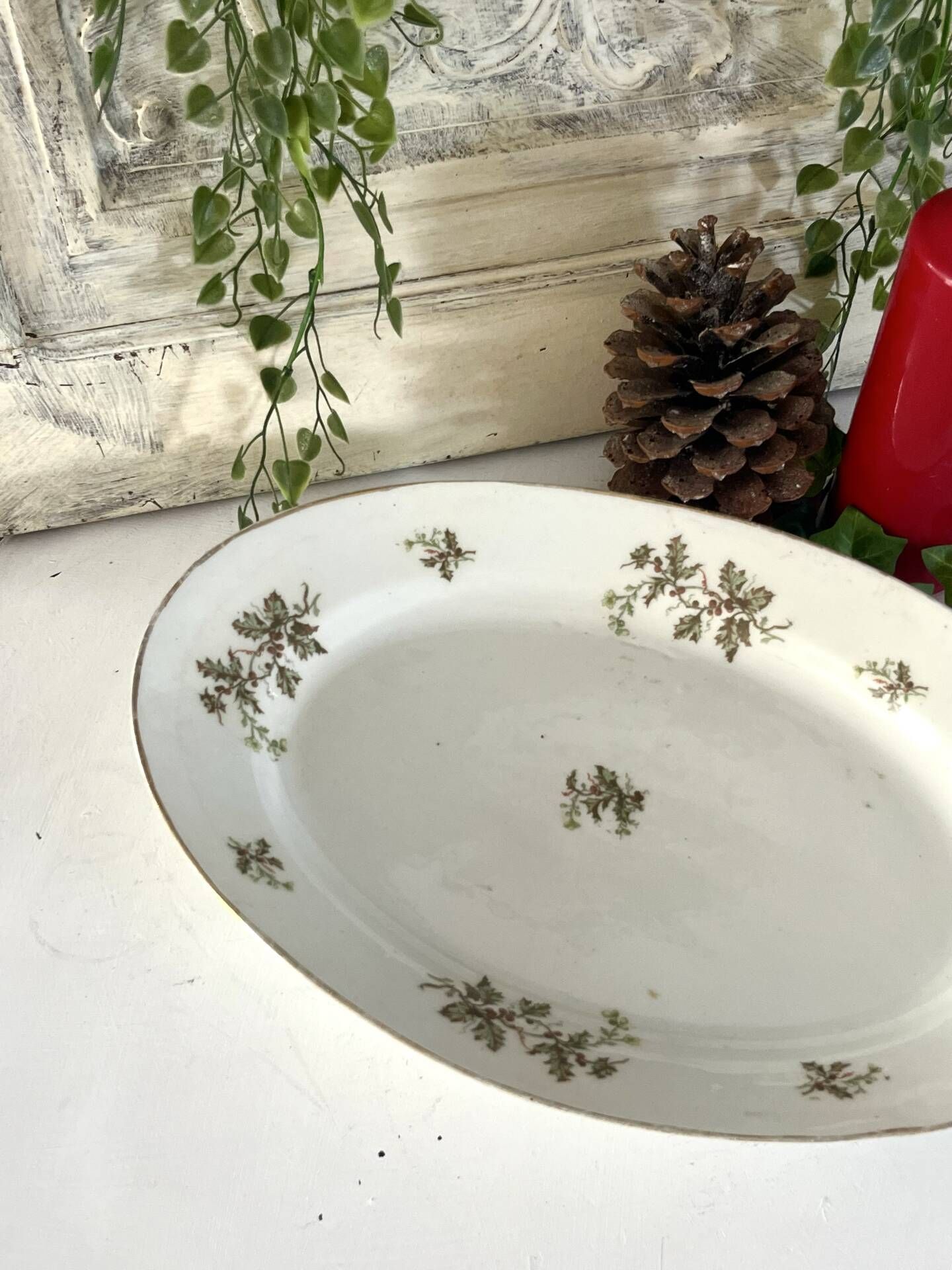 Vintage French Holly Deep Platter, Christmas Serving Dish, Large Oval