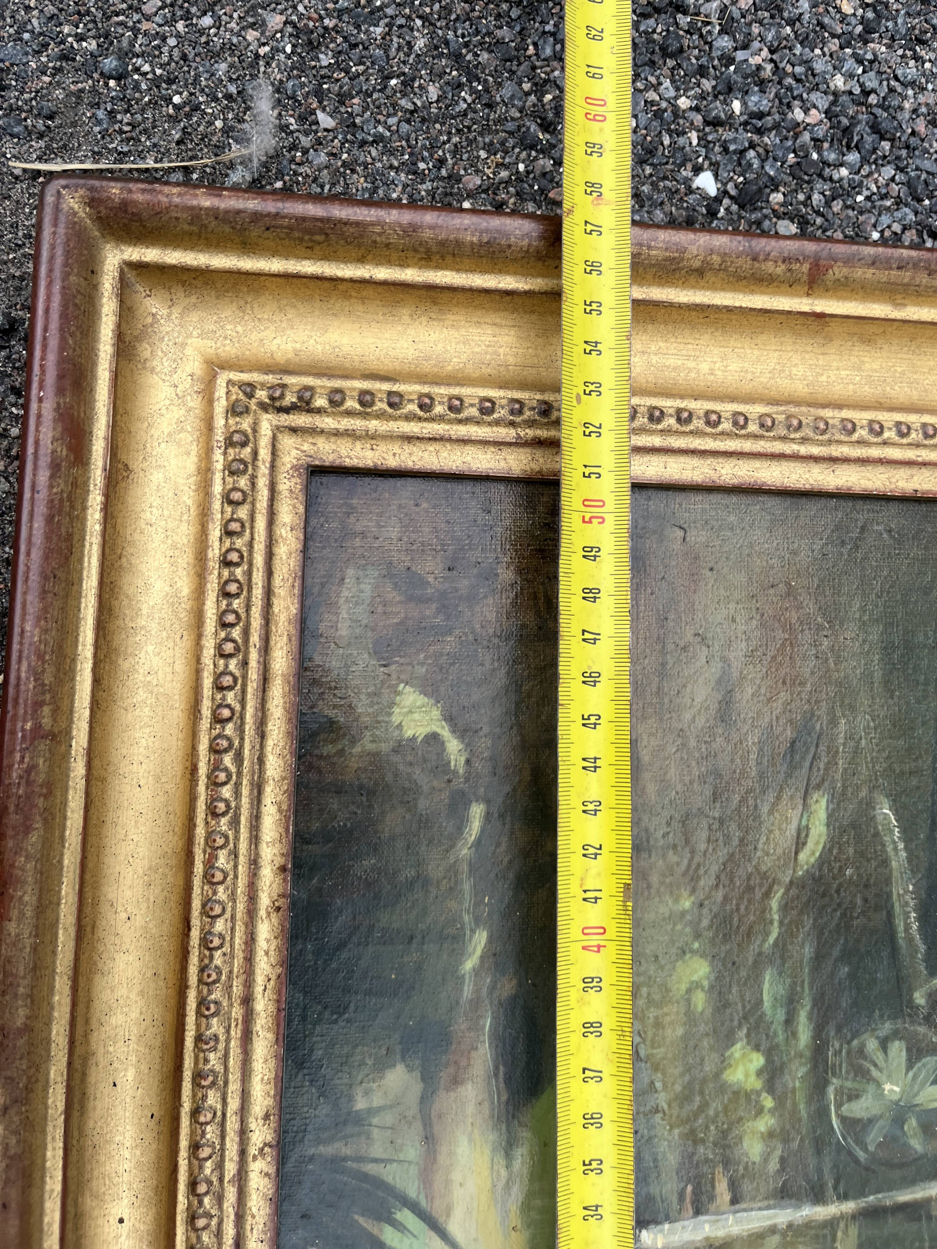 Tableau, huile sur panneau encadrée, portrait enfant au jardin style anglais, XIXe