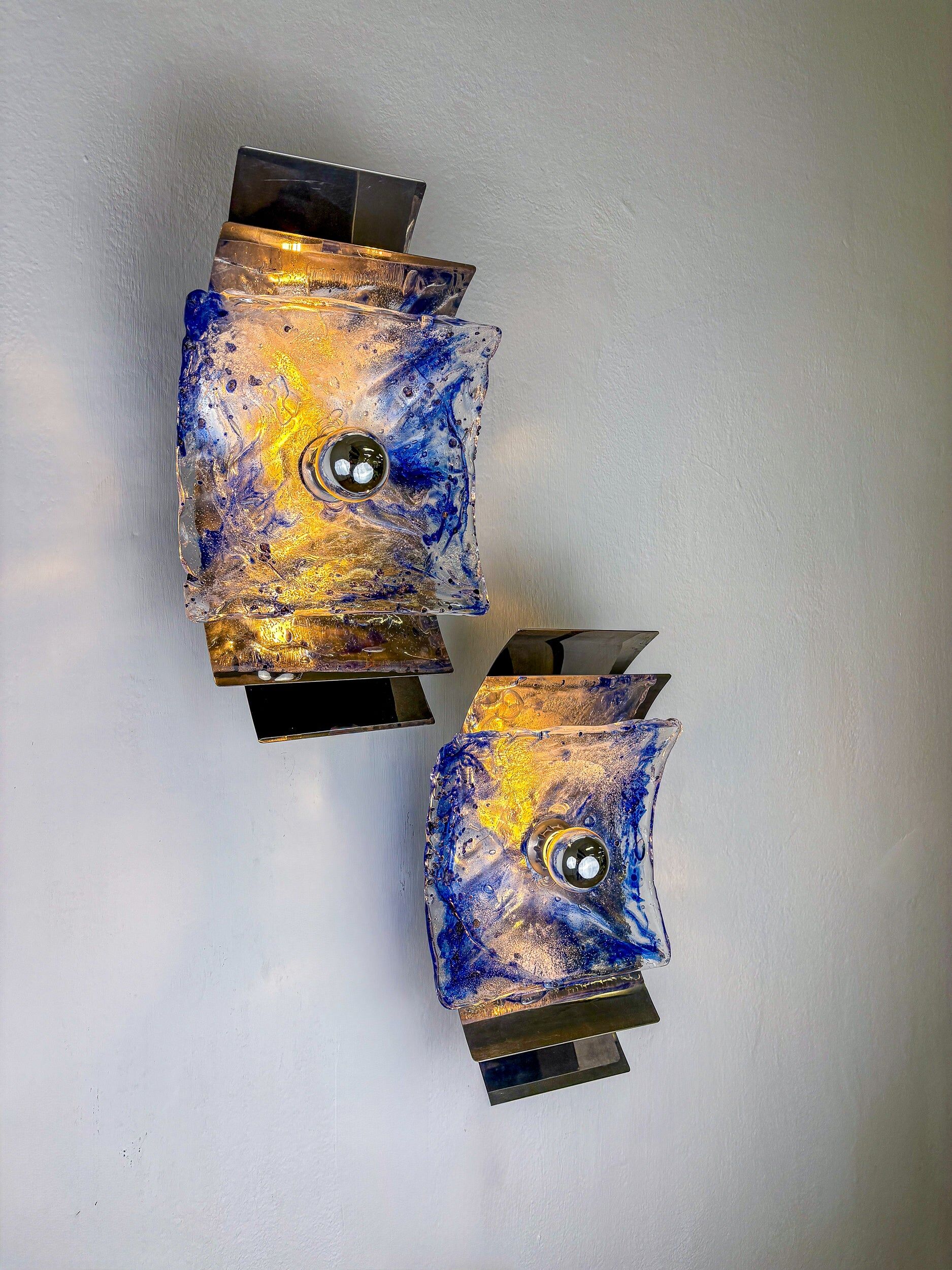 Pair of Murano Mazzega blue & clear glass wall sconces, Italy, 1970s