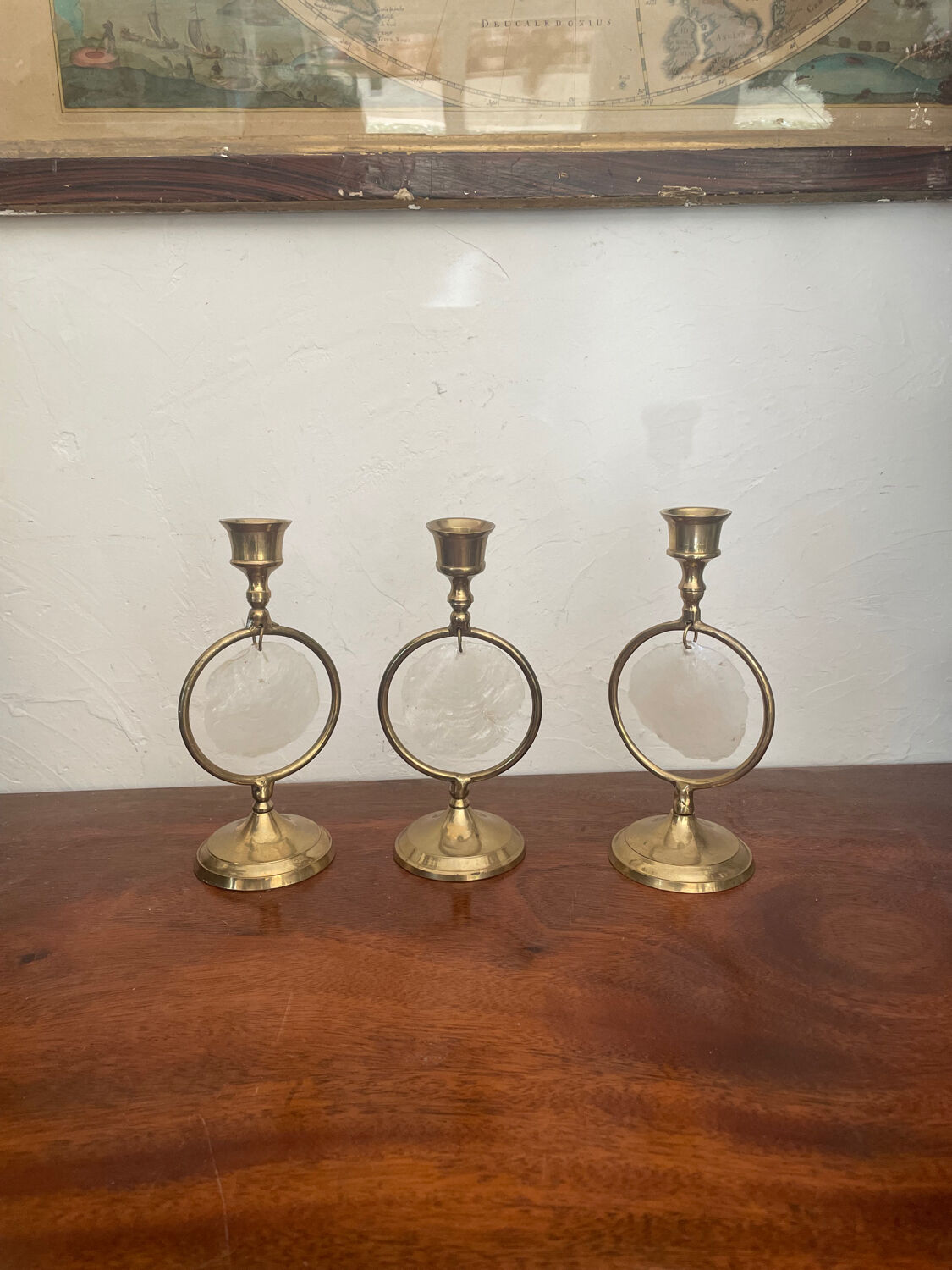 Trio de bougeoirs nacre et laiton