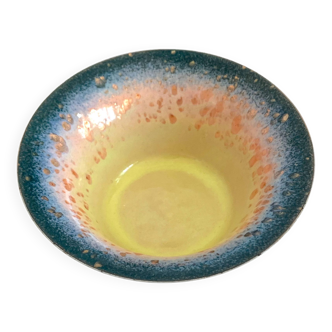 Vintage enameled copper cup, blue and yellow enamel