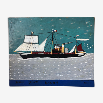 Painting oil on marine panel boat folk art naïve art 1930