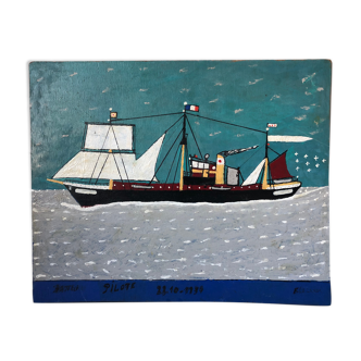 Painting oil on marine panel boat folk art naïve art 1930