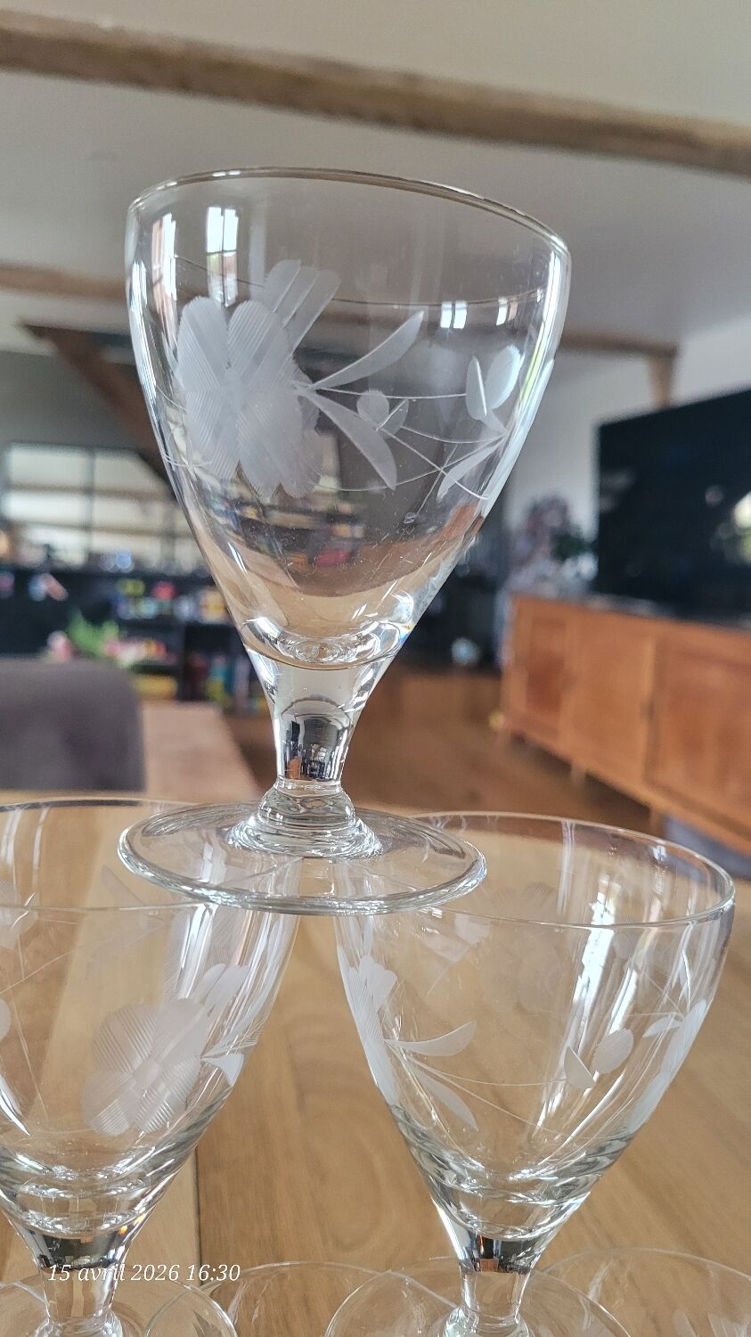 6 small vintage engraved glass stemware