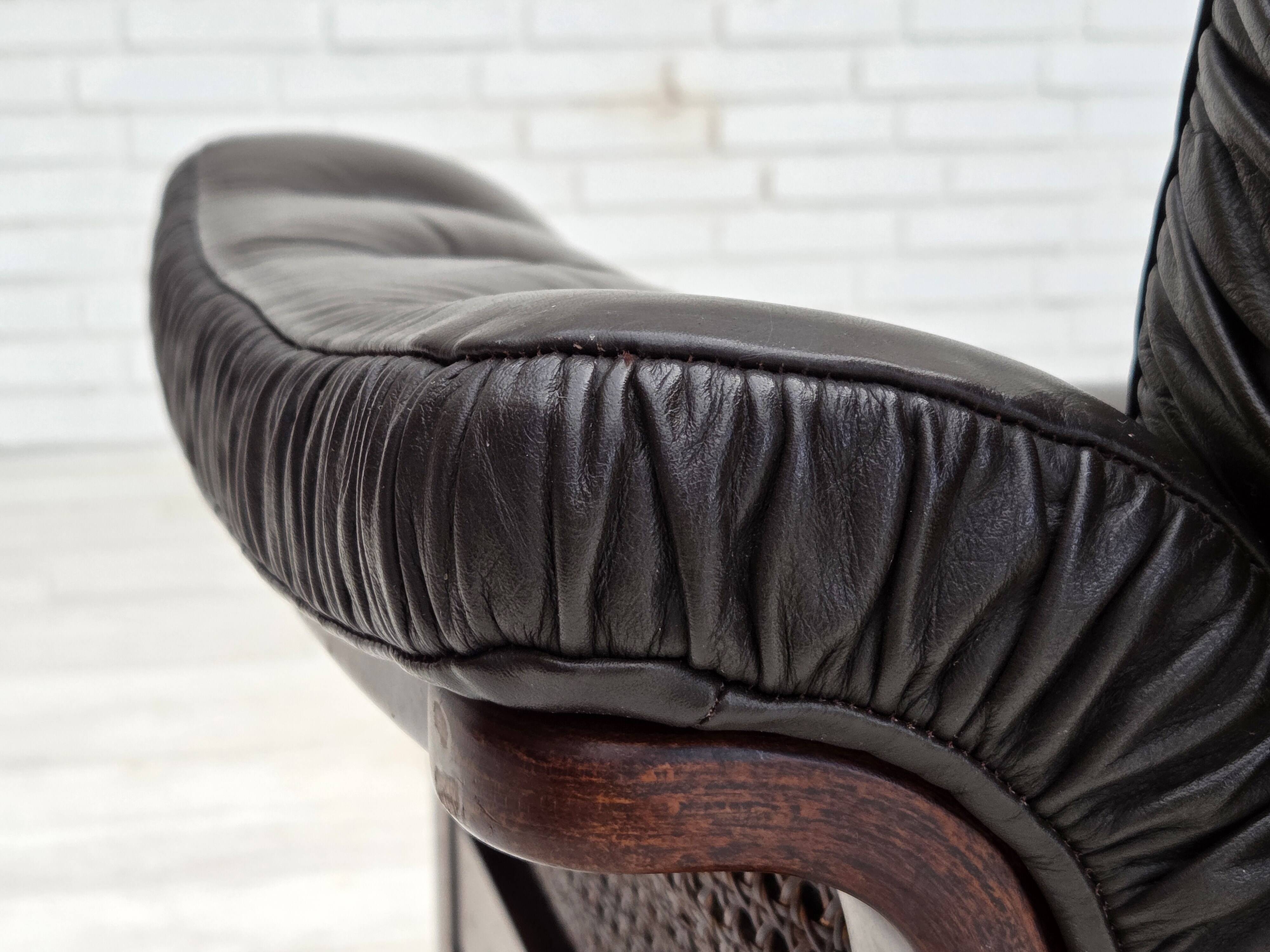 1970s, Scandinavian 3-seater sofa, furniture leather, teak wood legs.