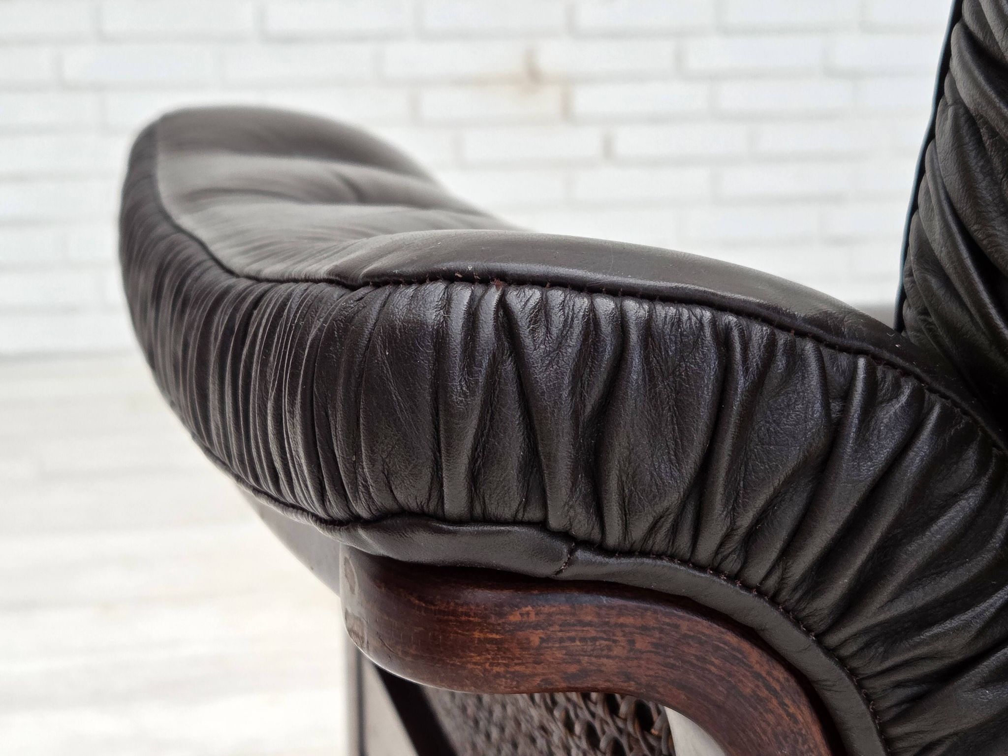 1970s, Scandinavian 3-seater sofa, furniture leather, teak wood legs.