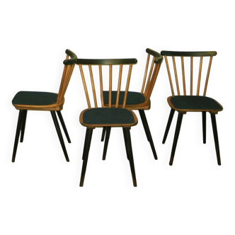 Ensemble de 4 chaises de salle à manger pieds évasés et revêtement bleu-vert pétrole, années 1960