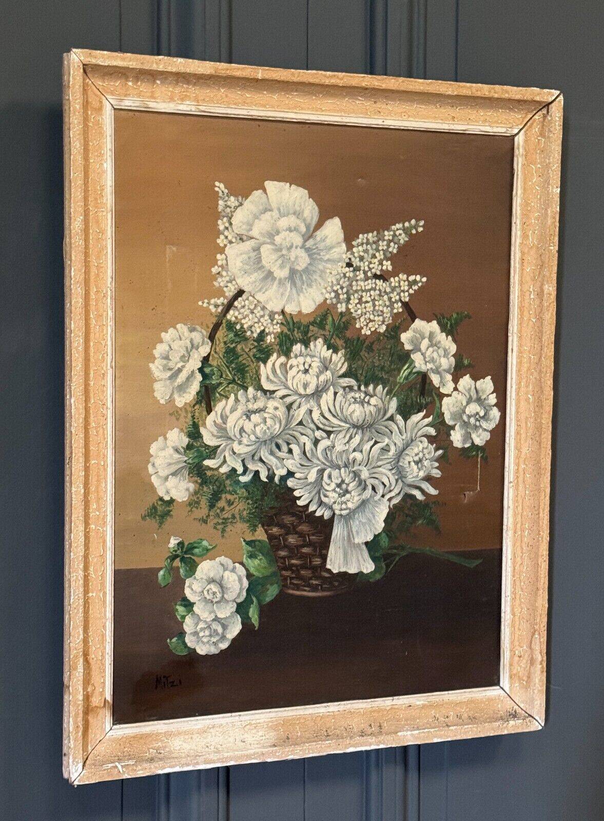 Oil on canvas by Mitzi 20th century still life bouquet of flowers whitewashed frame