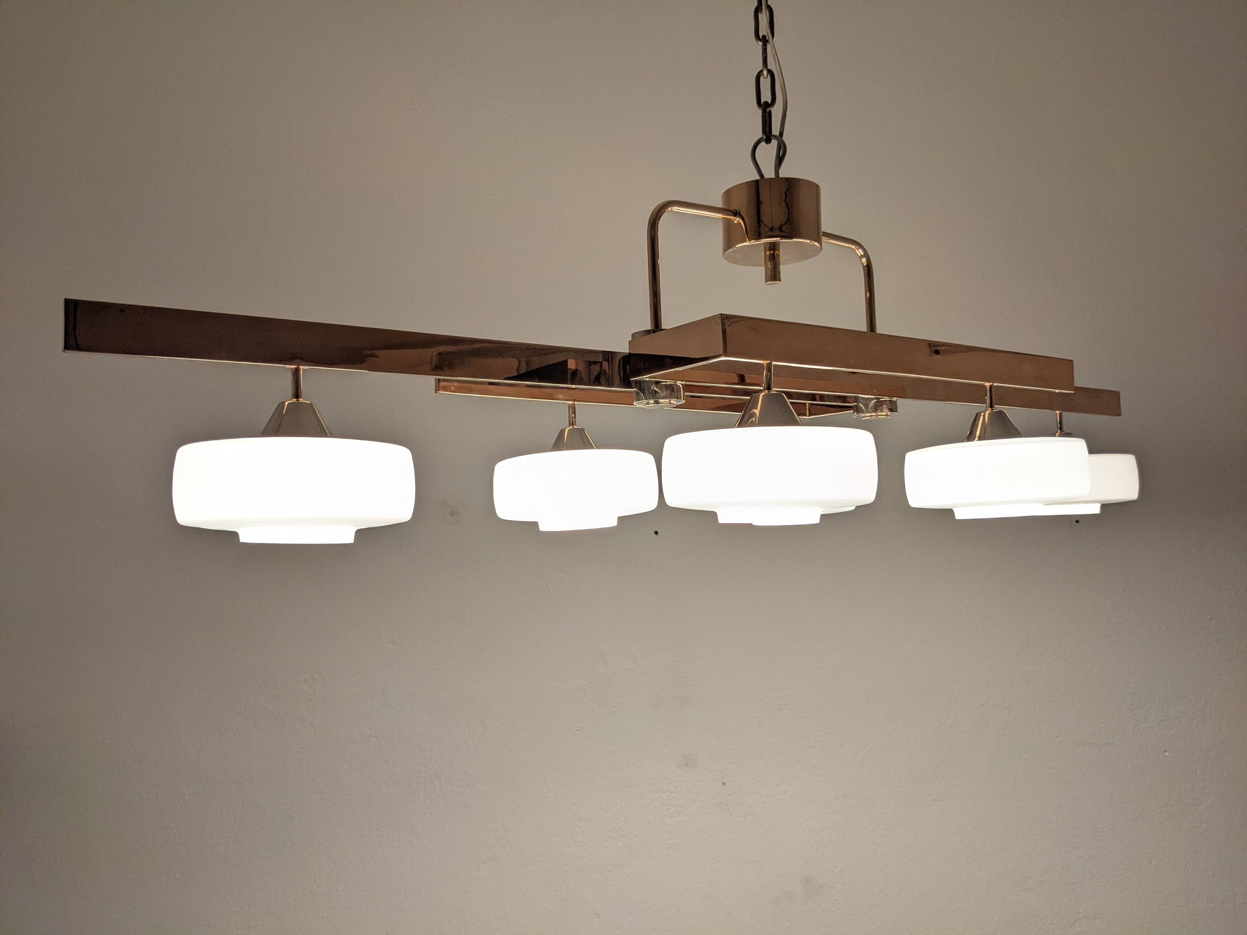 Arlus chandelier with 6 lights in opaline and brass from the 60s/70s