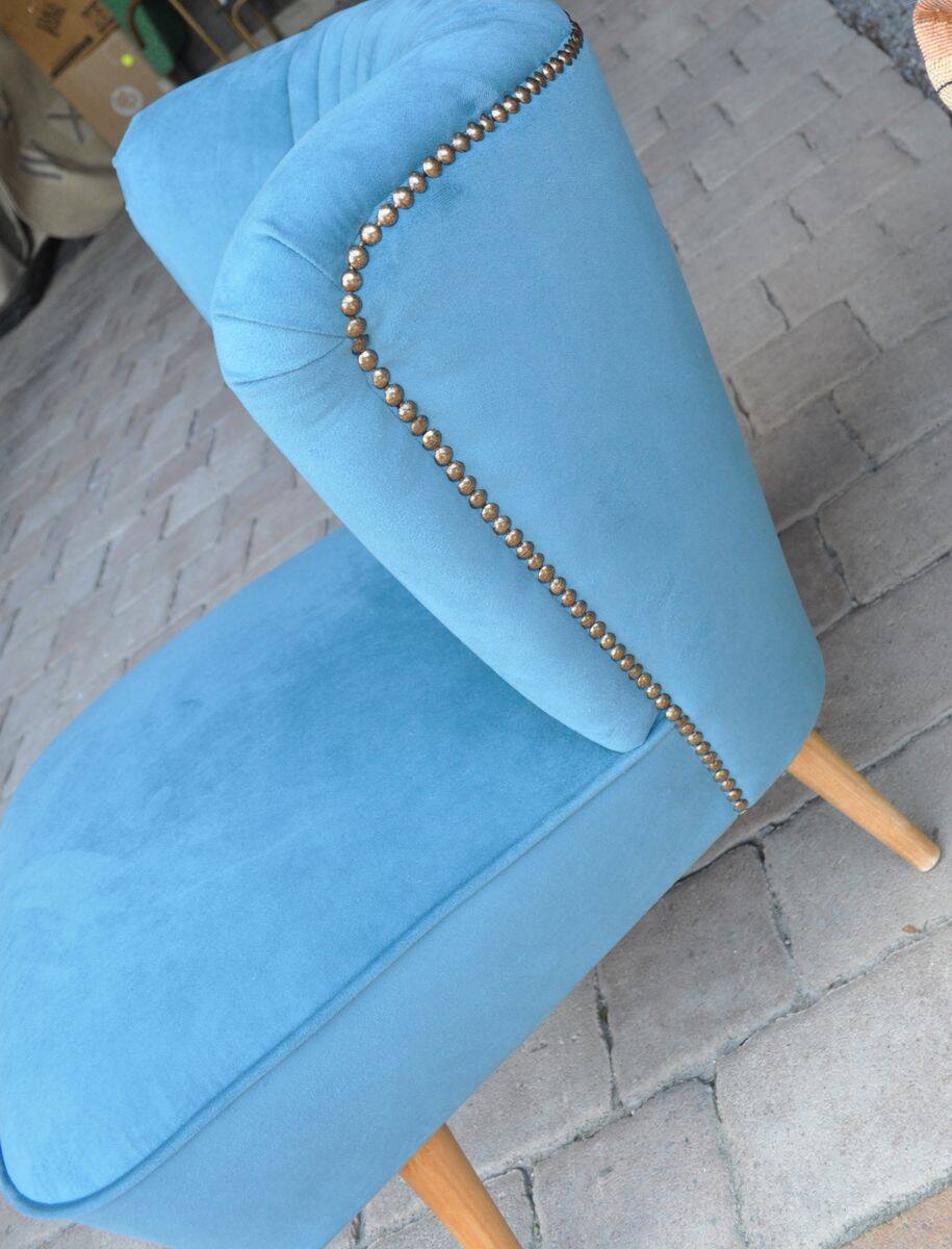 Blue cocktail armchair in beech wood, velvet fabric, Mid-Century design from the 1960s.