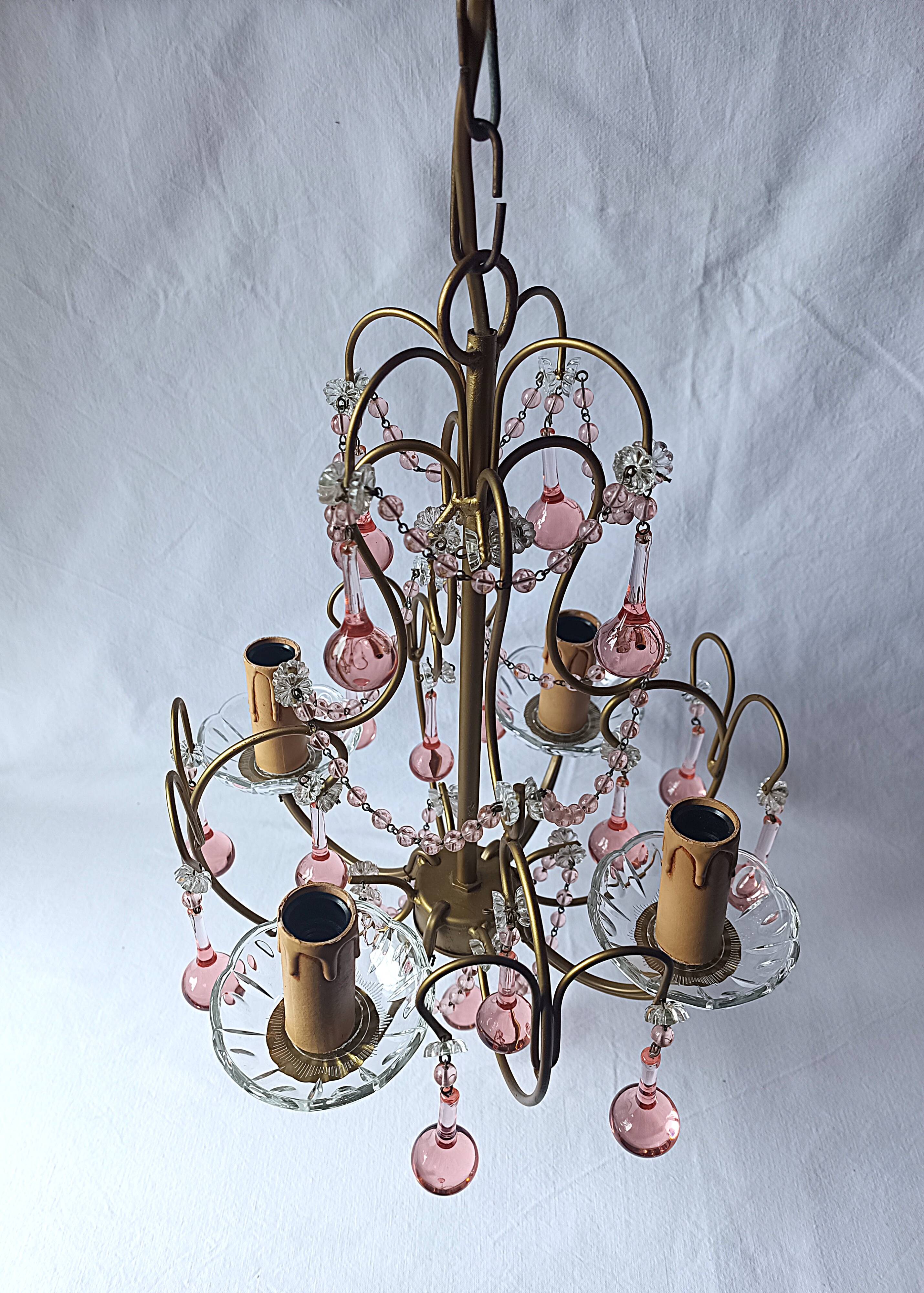 Vintage Murano drop pendant chandelier with pearl flower, 4 lights.