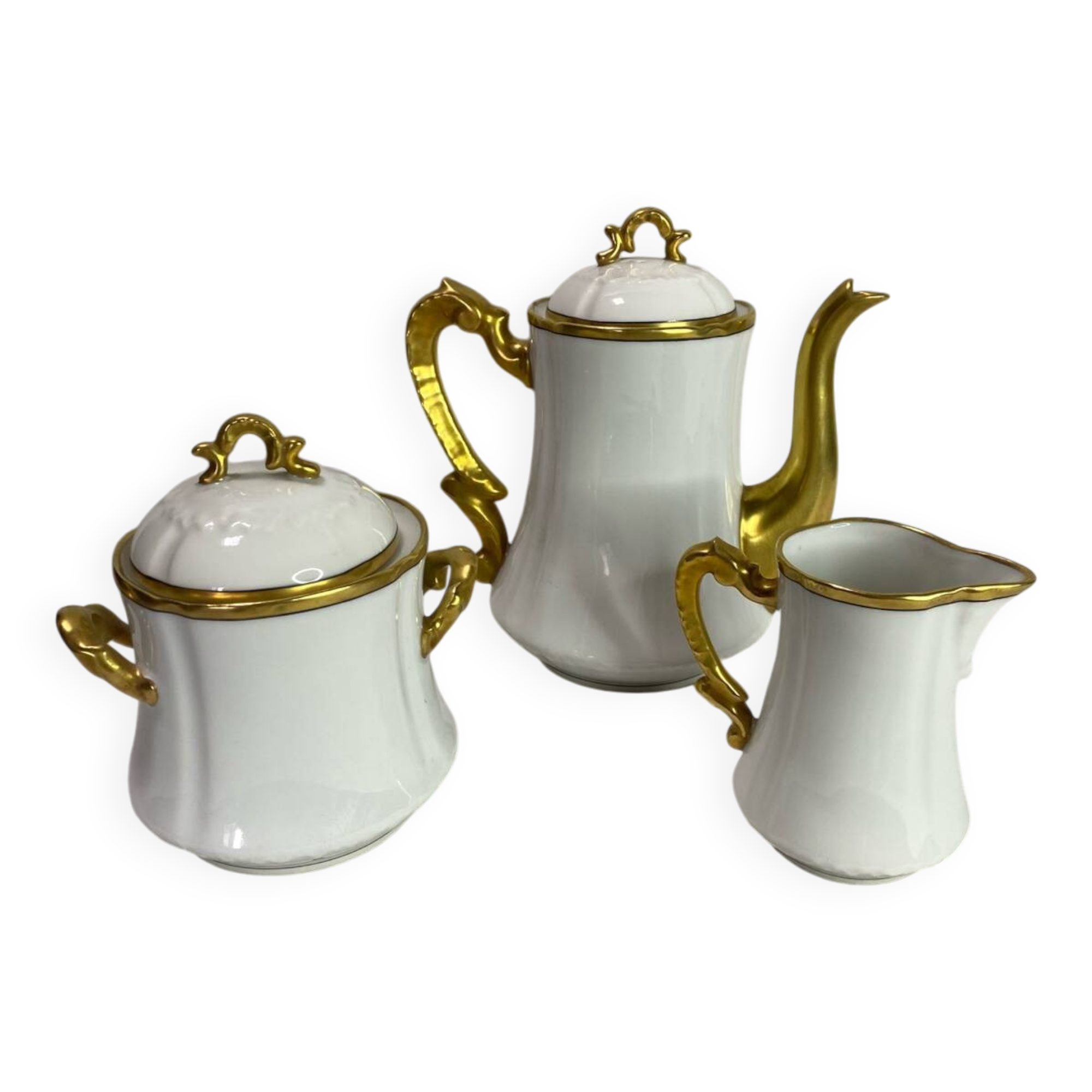 3-piece coffee service in Limoges porcelain – white and gilded