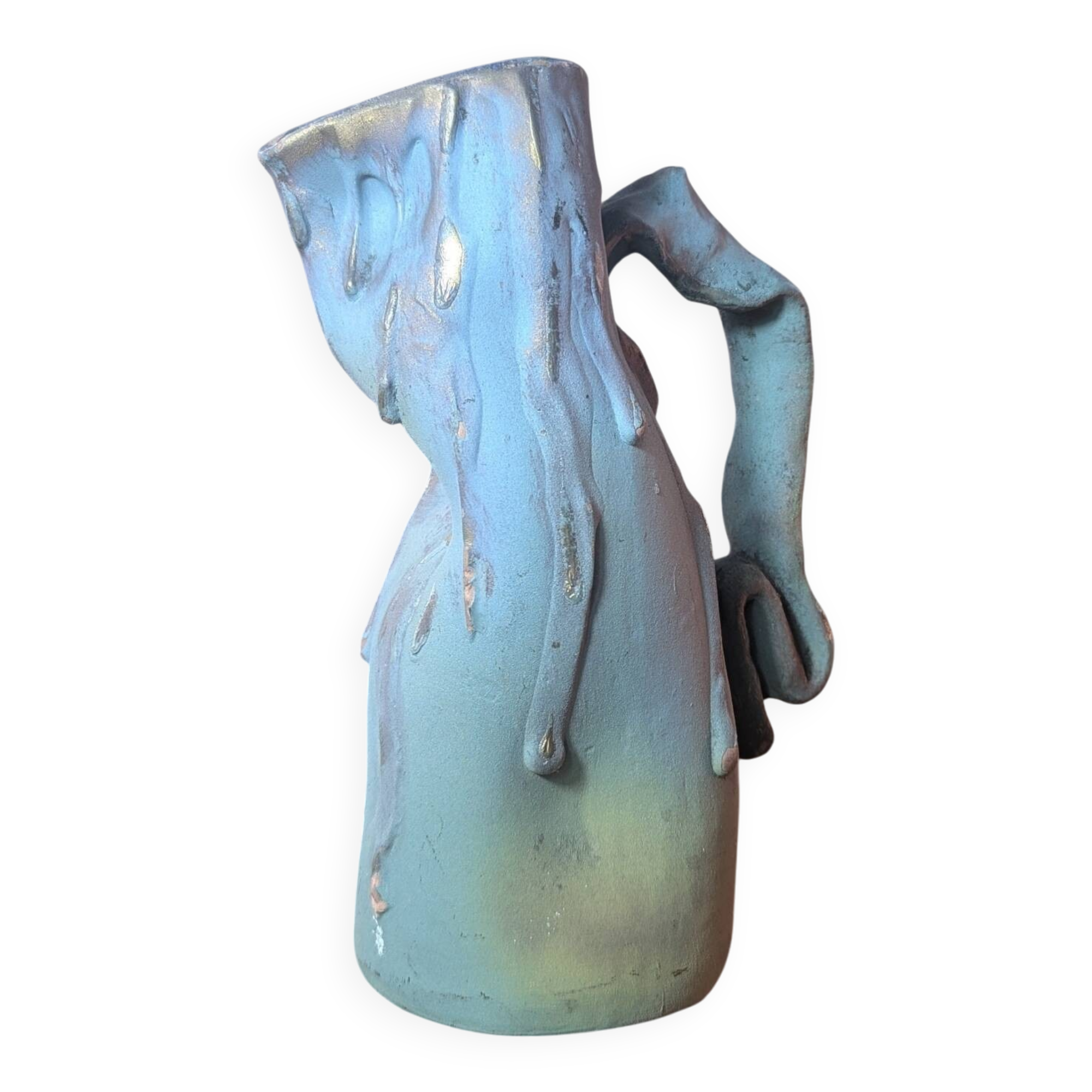 Brutalist jug numbered 52 in turquoise and blue painted terracotta