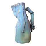 Brutalist jug numbered 52 in turquoise and blue painted terracotta