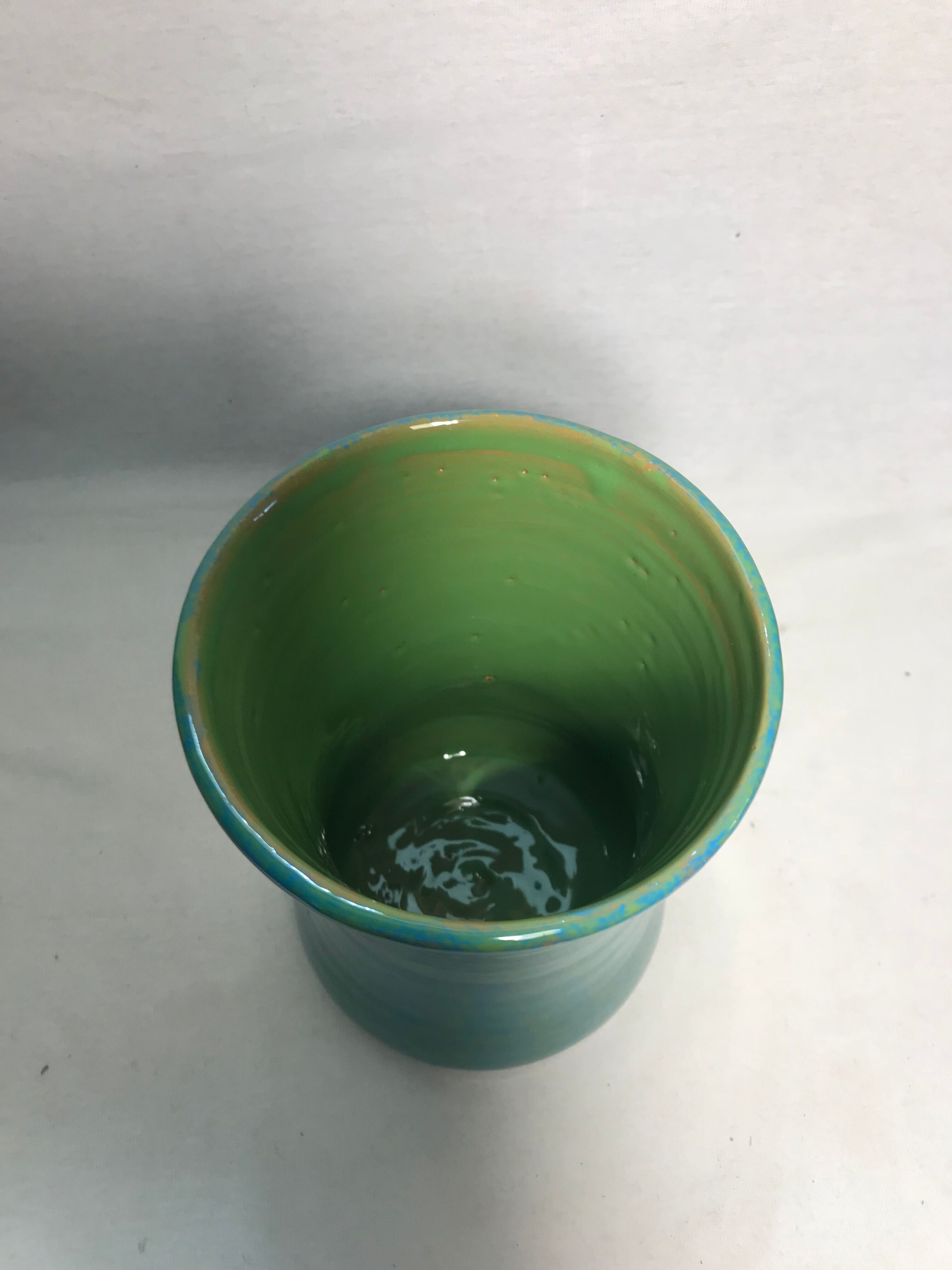 Old green blue decoration ceramic vase signed vintage