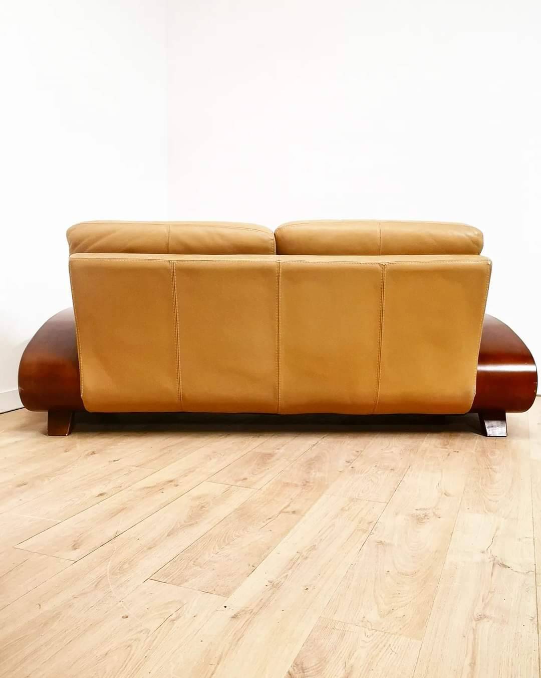 Vintage Italian leather and wood sofa