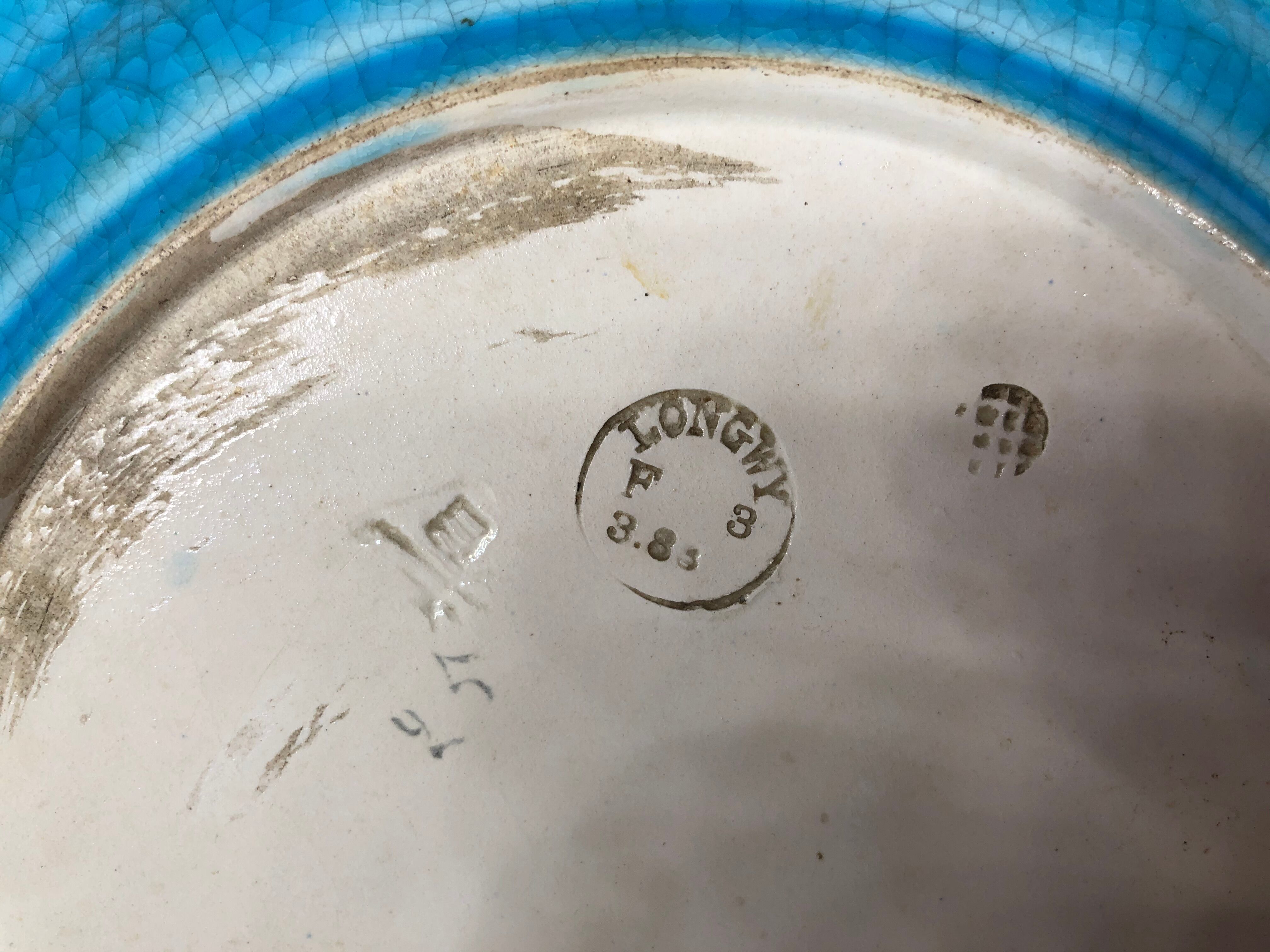 Longwy enamel blue plate bird and peony pattern