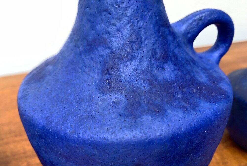 Vases minimalistes allemands bleu cobalt du milieu du siècle de Hartwig Heyne Pottery, années 1960, ensemble de 3