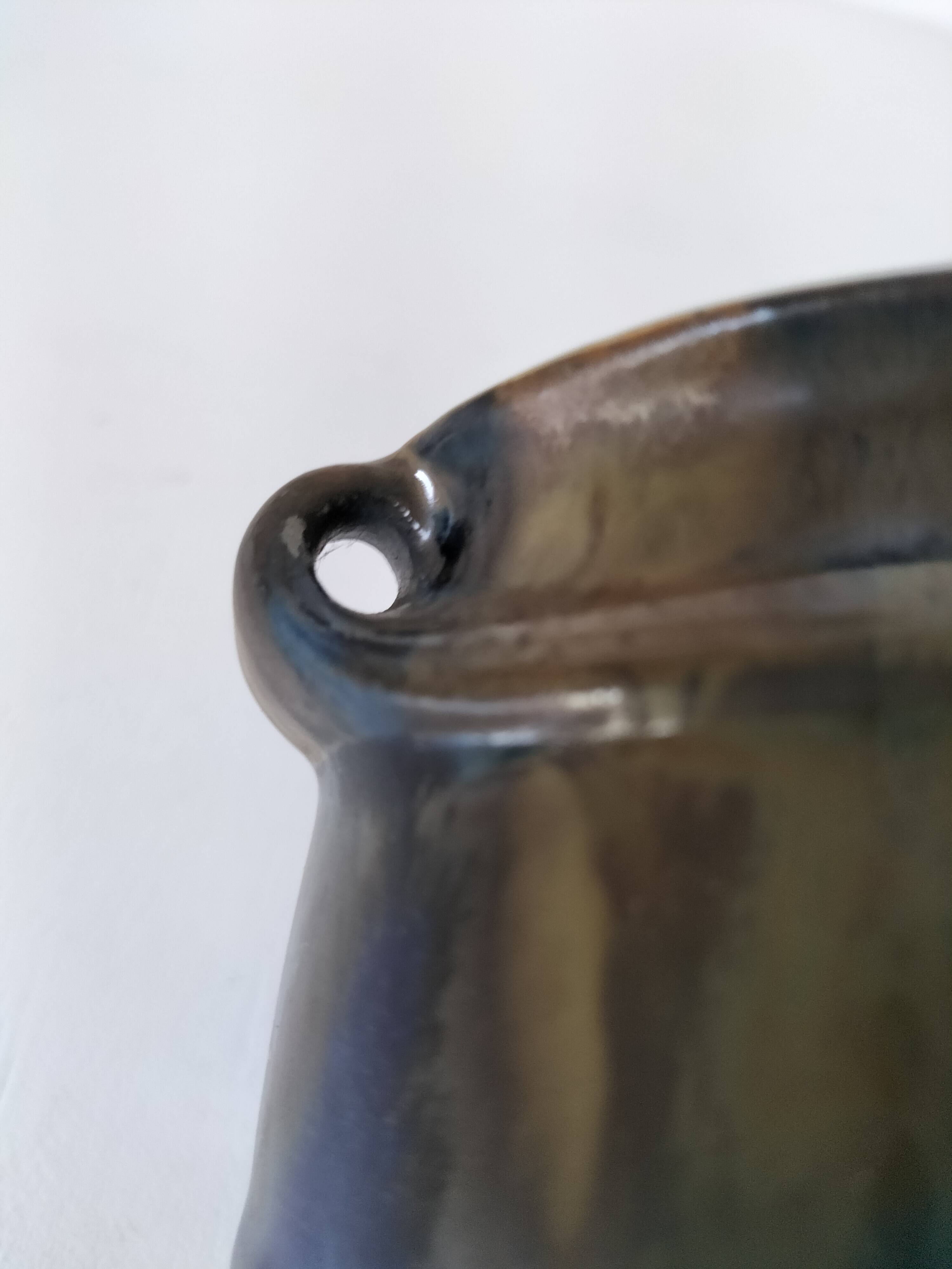 Sucrier en grès flammé Denbac signé – reflets bleu nuit et bronze