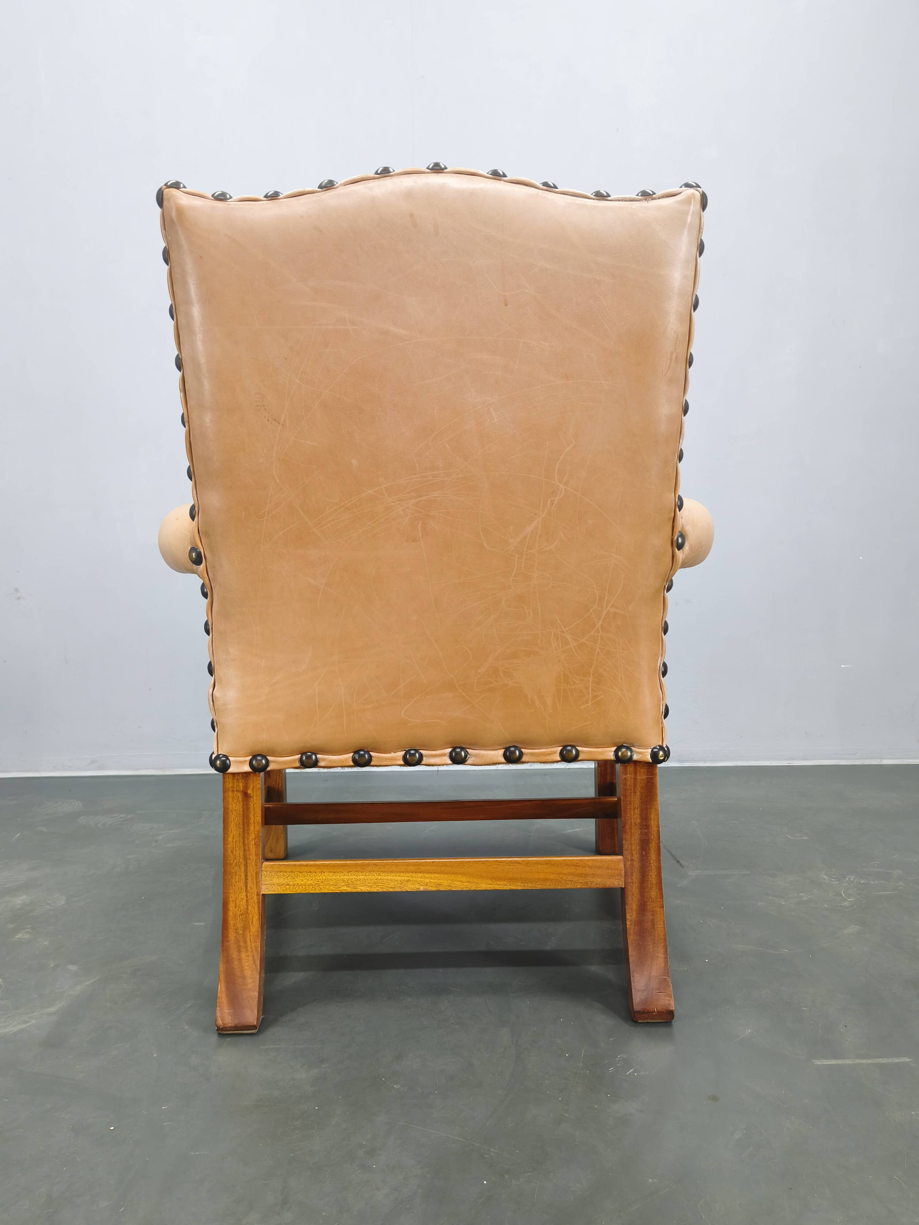 Antique Danish Leather Armchair Carved Wood Club Chair, Early 1900s