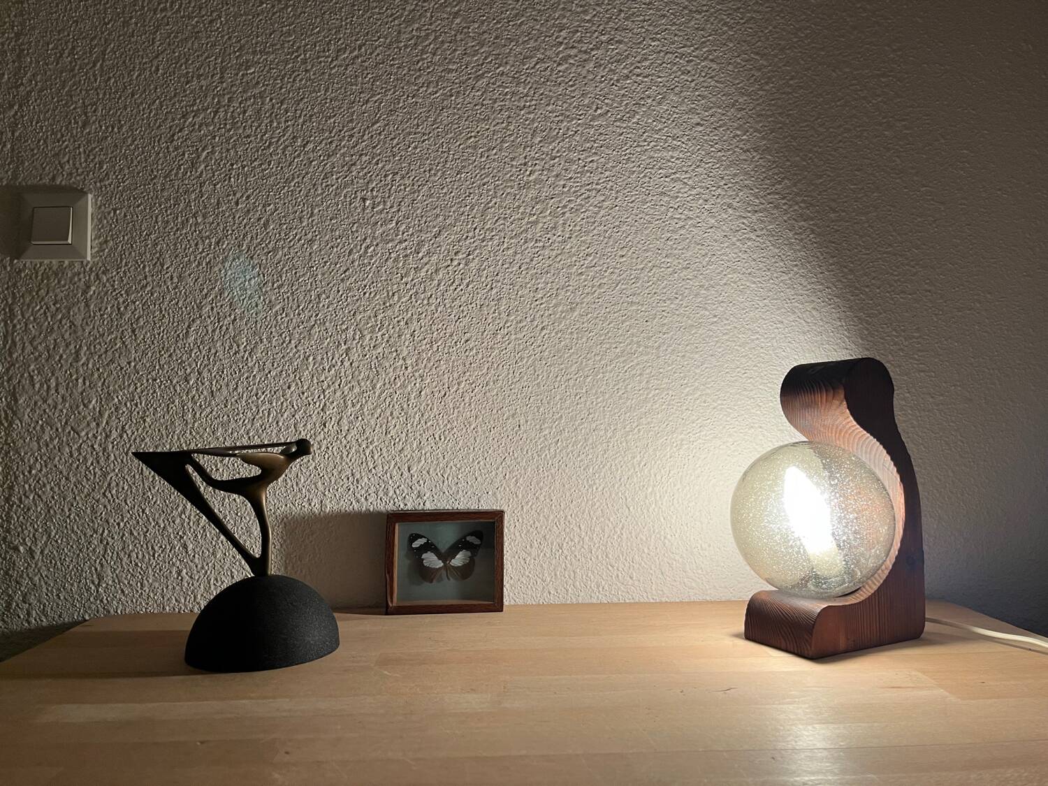 Brutalist lamp Temde Leuchten 1970s pine and glass globe