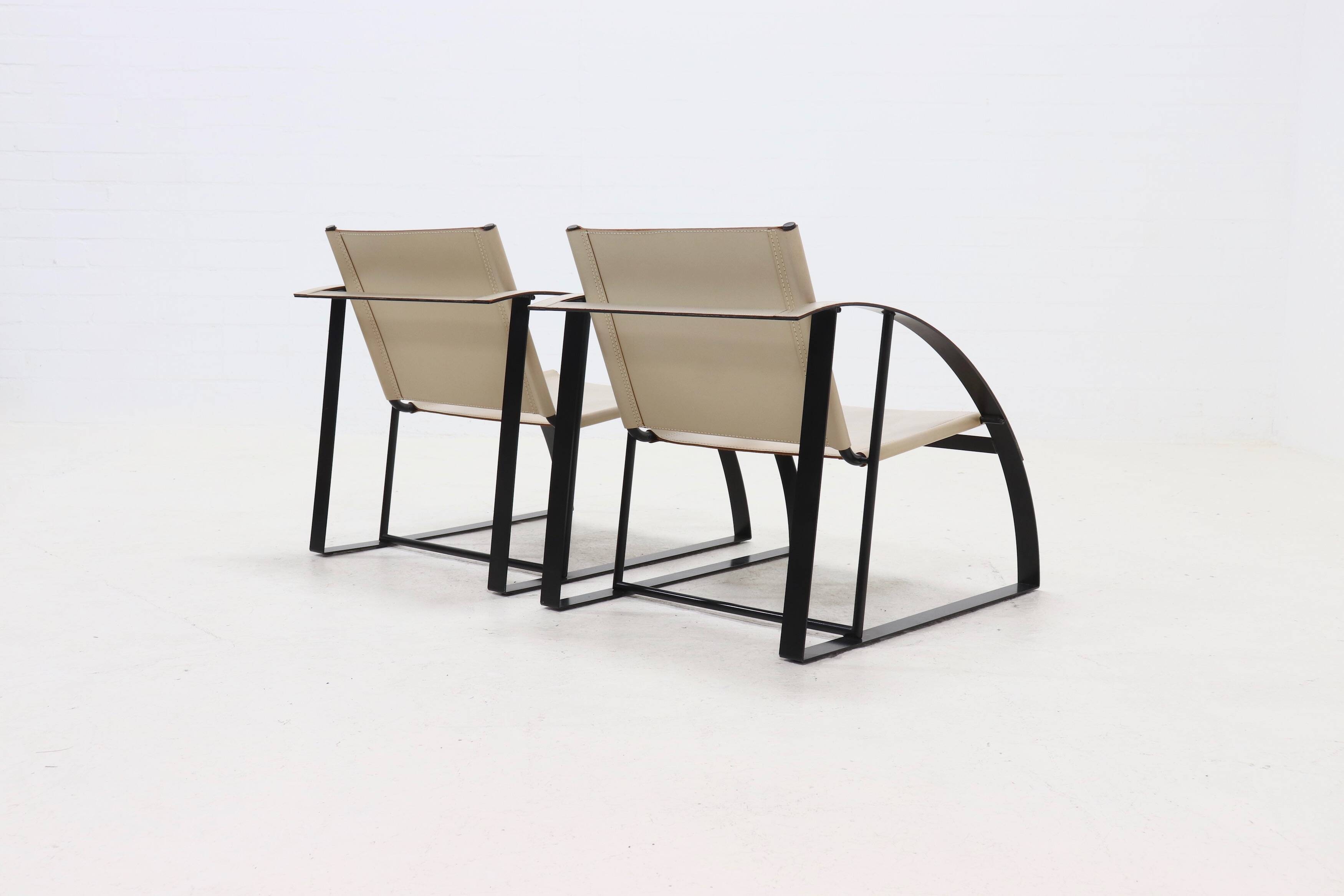 Set of 2 Post Modern Saddle Leather and Steel Armchairs 1970s