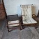 Relaxed armchair in bamboo and rattan with its small side table. Beige linen cushion.