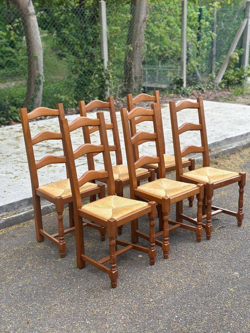 6 solid wood and straw farm-style chairs, 105cm