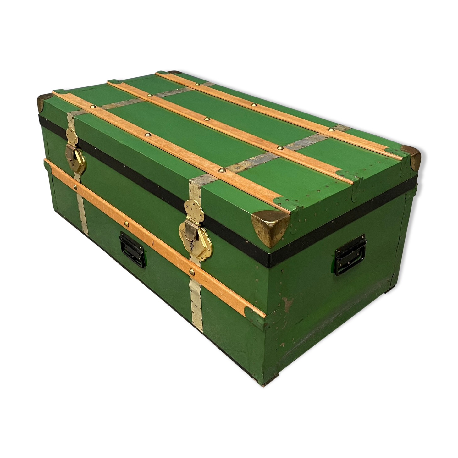 Green metal trunk with wooden sleds